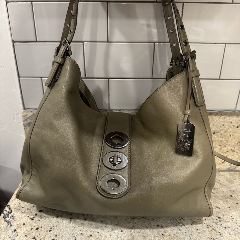 Coach Carlyle Triple Turn Lock Hobo Olive Green Shoulder Tote Bag 32325